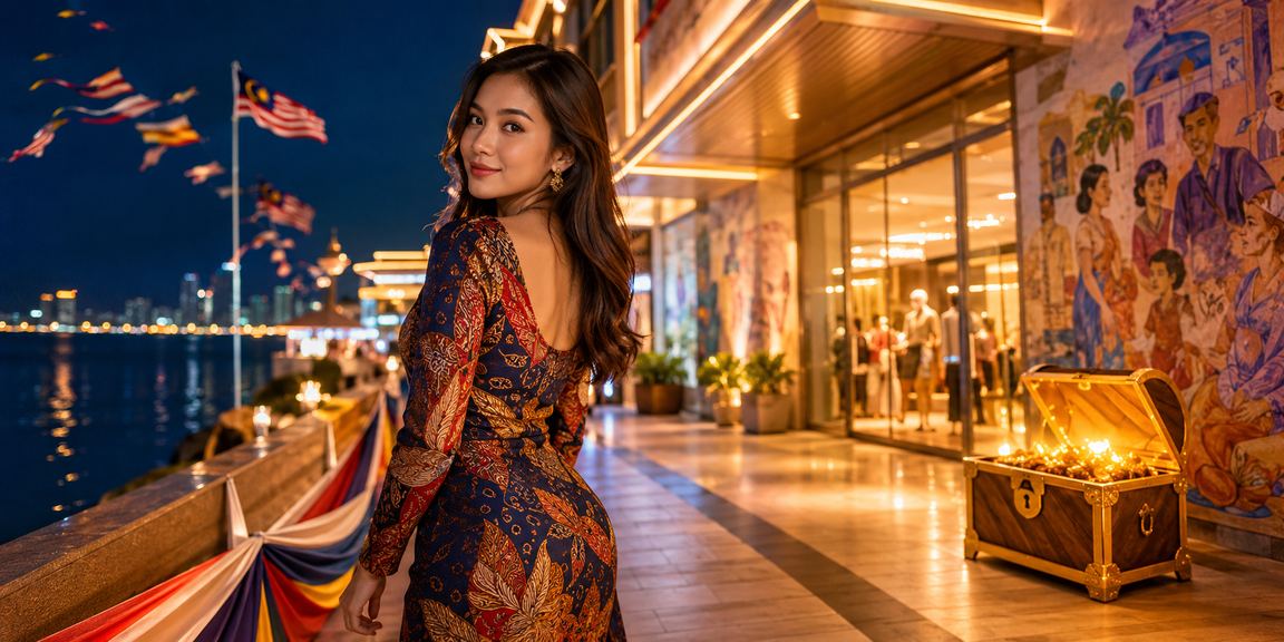 Suasana pertaruhan kasino baccarat di Penang dengan motif batik Malaysia